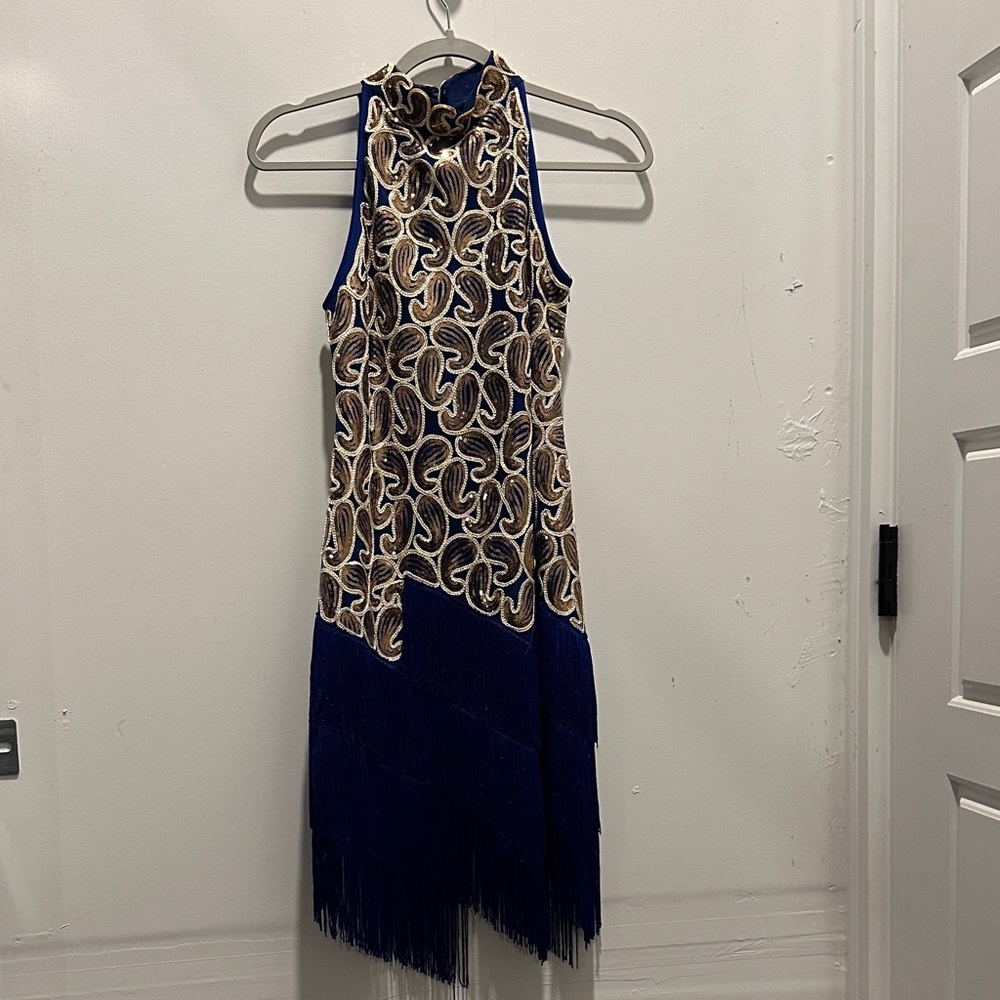 Blue and Beige Patterned Sleeveless Dress